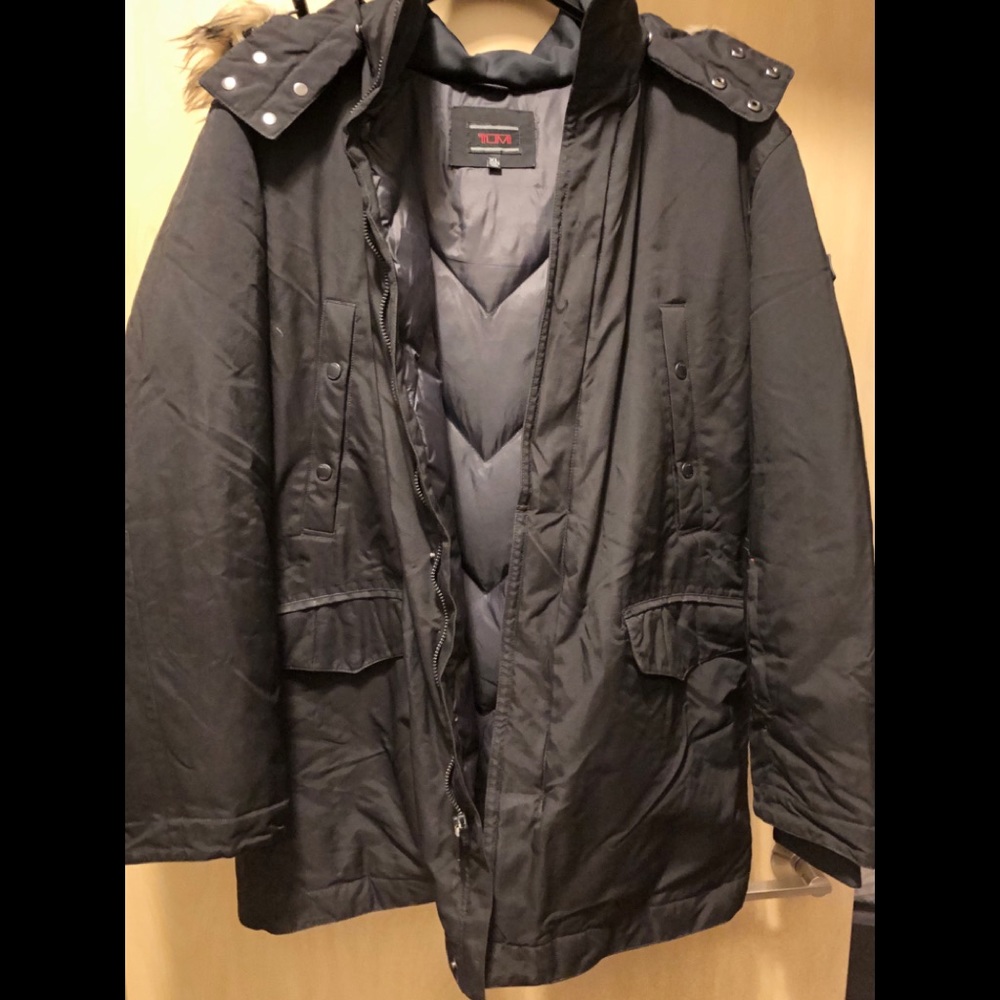 Tumi black coat with fur hood